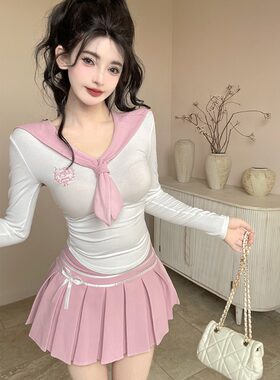 足球宝贝校园拉拉队服女粉色海军领长袖针织衫jk制服足道技师工服