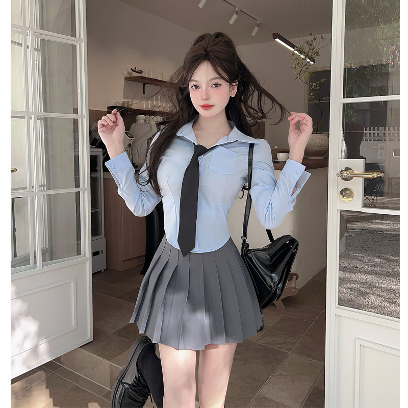美容院足疗会所足道技师工作jk制服女修身长袖蓝衬衫百褶短裙套装