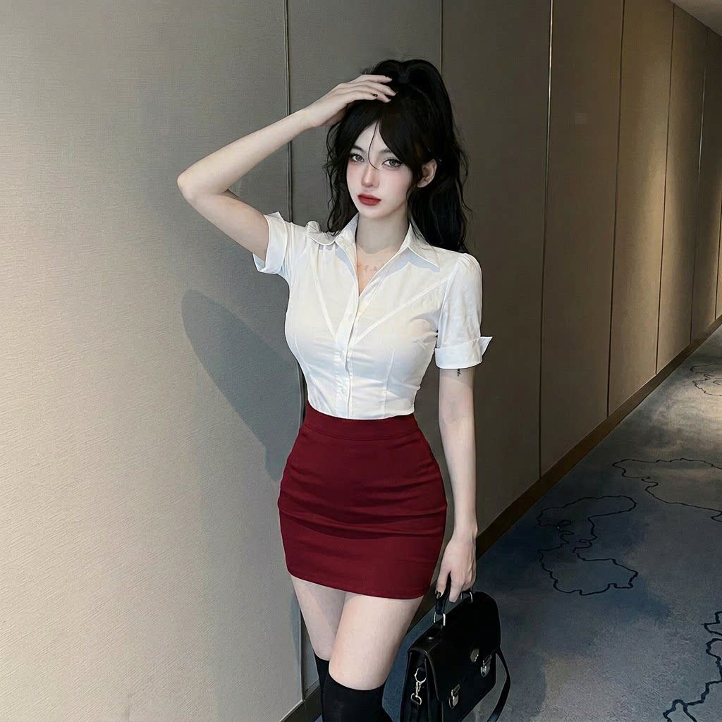 酒店前台足浴足道技师工作jk制服性感v领短袖白衬衫包裙工衣套装