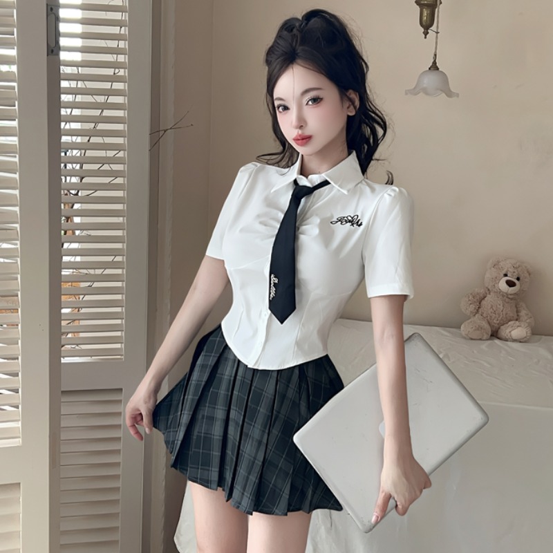 夏季韩系甜辣纯欲风jk制服女收腰短袖白衬衫格子短裙足道技师工服