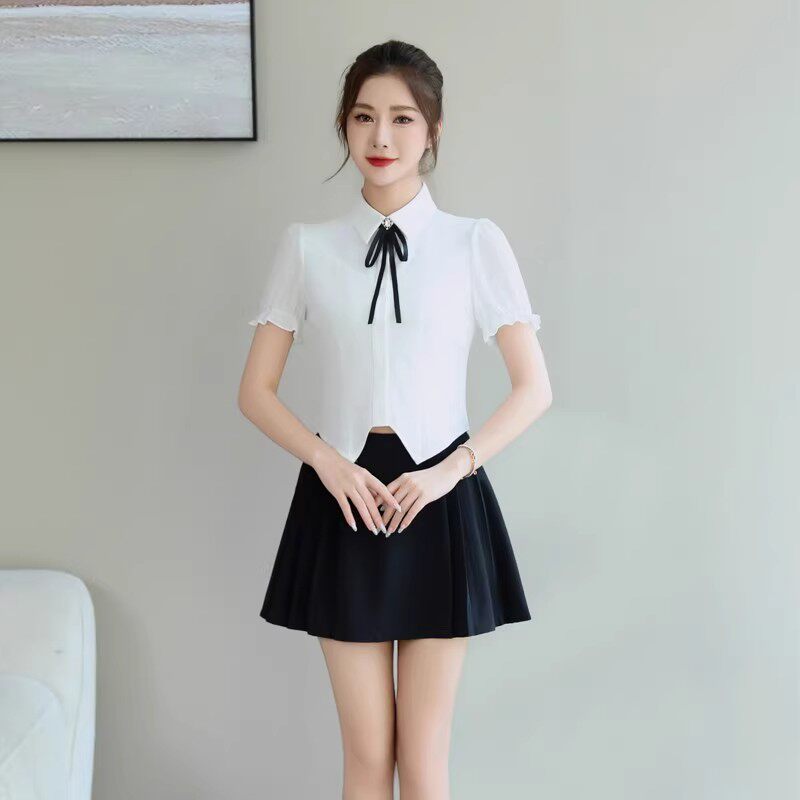 养生休闲足浴采耳技师女工作服修身蝴蝶结白衬衫百褶裙美容院制服