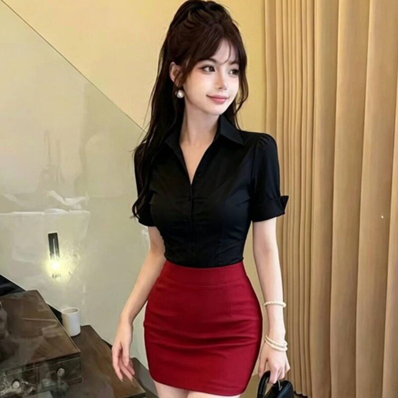 酒店足浴足道技师工作服职业女修身短袖黑衬衫包臀裙套装性感衬衣