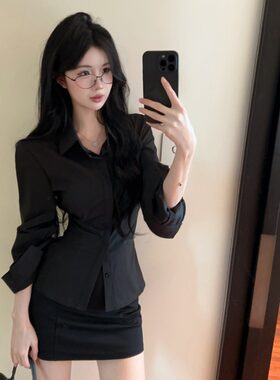 御姐风收腰显身材黑色长袖衬衫女辣妹OL风修身显瘦衬衣包臀裙套装