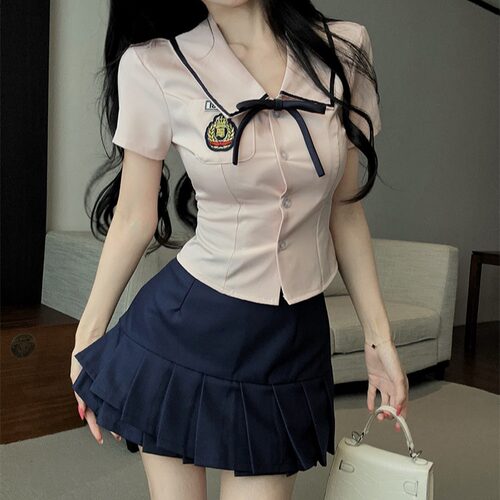 学院风甜美减龄收腰短款粉色衬衫女蓝短裙jk制服足疗足道技师工服