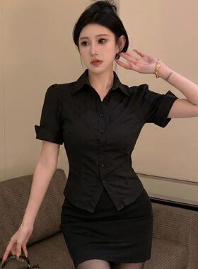 酒店足道技师制服女性感职业装OL风短袖黑衬衫台球辣妹工作服套装
