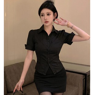 酒店足道技师制服女性感职业装OL风短袖黑衬衫台球辣妹工作服套装