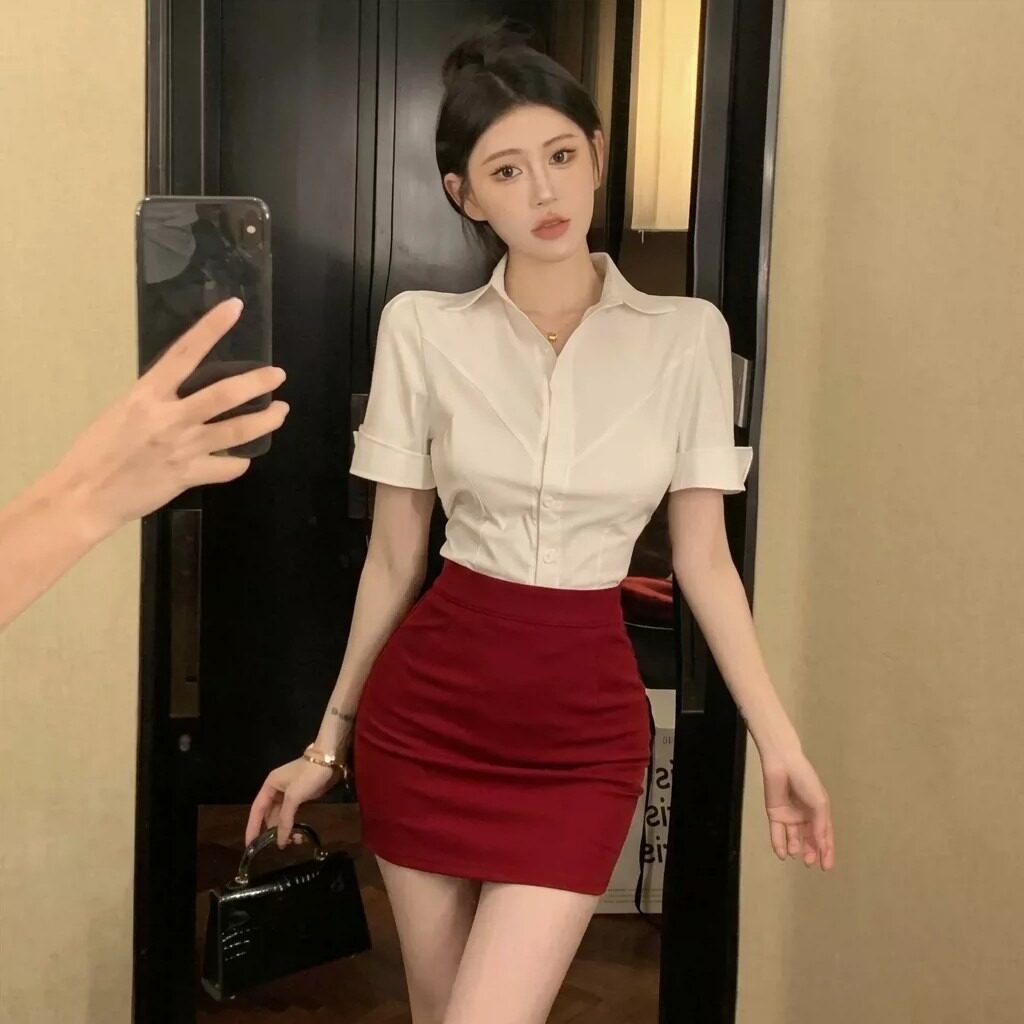 酒店高端足浴会所修身职业女短袖白衬衫红包臀裙套装足道技师制服