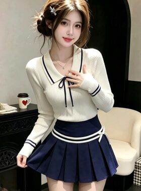 足球宝贝甜美减龄jk制服女翻领蝴蝶结长袖针织衫上衣短裙套装秋季