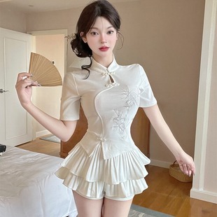 茶馆养生足疗采耳技师女工作服新中式复古国风白旗袍上衣短裙套装