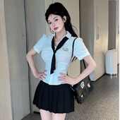 百褶短裙两件套足疗足道技师工服 白衬衫 学院风韩系jk制服修身 短袖