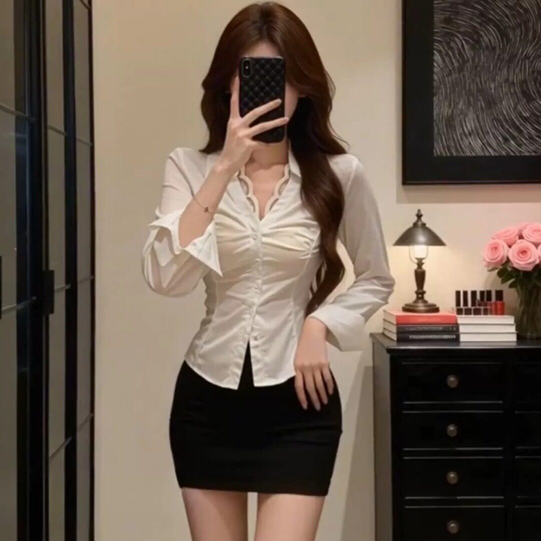 性感御姐风修身蕾丝v领白衬衫上衣包臀裙沐足酒店足疗技师工作服