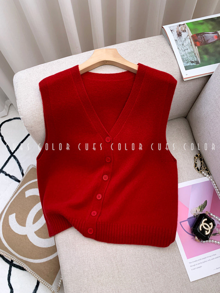慈彩针织毛衣背心开衫红色纯羊毛马甲女2025秋冬时尚叠穿短款坎肩