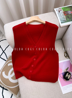 慈彩针织毛衣背心开衫红色纯羊毛马甲女2025秋冬时尚叠穿短款坎肩