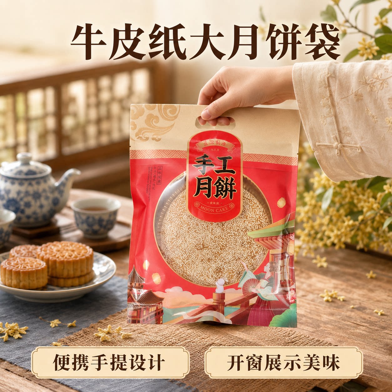 中秋大月饼包装袋1/2/3斤牛皮纸礼饼喜饼袋手工月饼手提机封袋子