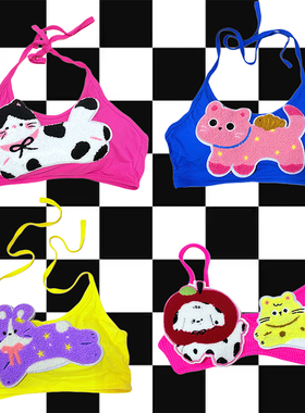 LEERROO原创多巴胺趣味绑带挂脖吊带背心女短款带胸垫露肚脐上衣