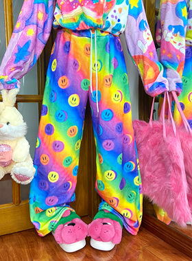 LERROO SMILE原创y2k小众彩色笑脸印花休闲裤女秋冬宽松加绒长裤