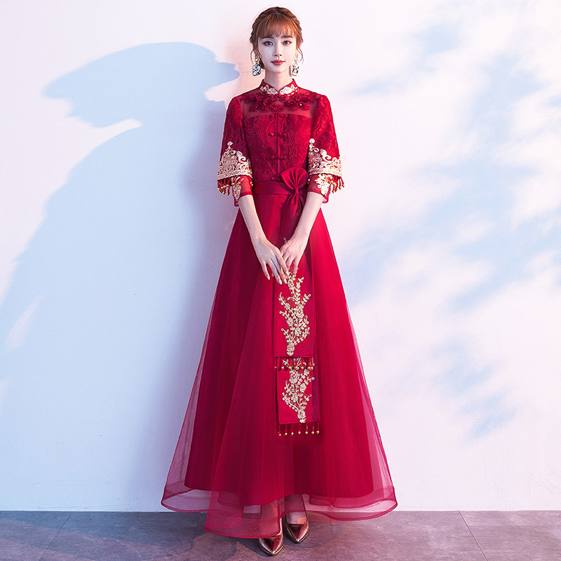新娘敬酒服2020新款夏季中国风旗袍红色长款气质优雅结婚礼服裙女