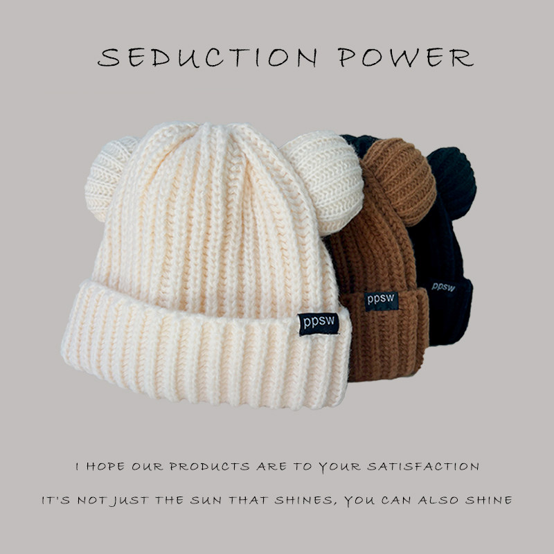 毛线帽女秋冬天日系可爱小熊耳朵大版宽松帽子保暖粗毛线针织帽潮