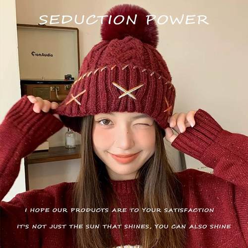 加绒针织毛线帽子女2024秋冬新款