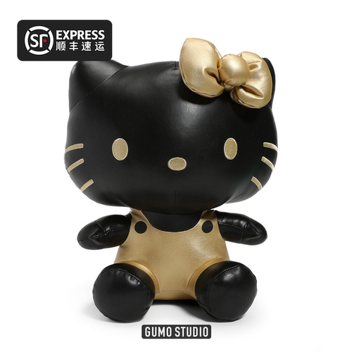 GUMO三丽鸥凯蒂猫美国代购毛绒公仔 HELLO KITTY 黑金皮革33厘米