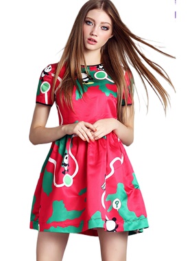 个性化私人定制短袖红色印花连衣裙显瘦别致惊艳独特大方