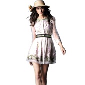 奈昕个性 化私人定制 1000212复古风气质镶钻网纱绣花拼接连衣裙女