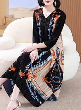 奈昕个性化私人订制 61615印花褶皱连衣裙高级感气质修身大花裙秋