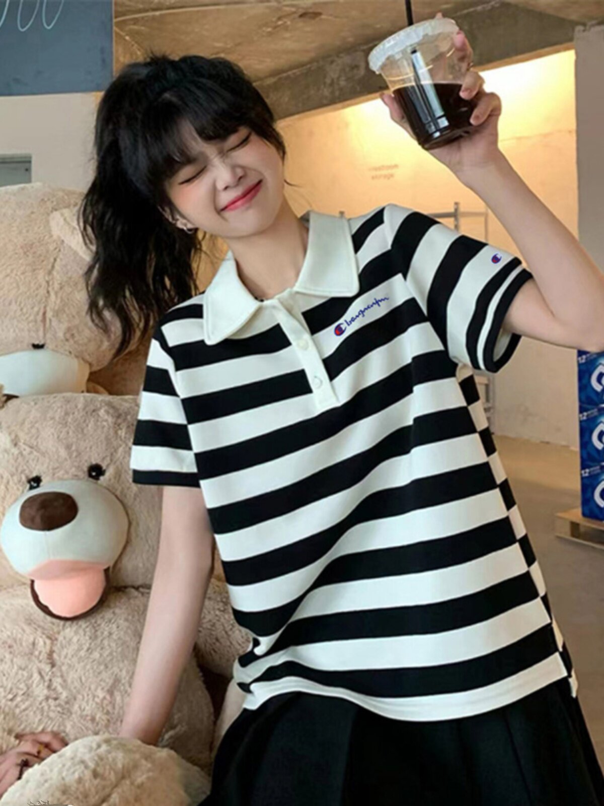 THIS CHAMPION AUTHENTIC SUMMER POLO SHIRT WOMENS NEW LOOSE AND THIN STUDENT STRIPED SHORT SLEEVE T-SHIRT TRENDY COLLAR