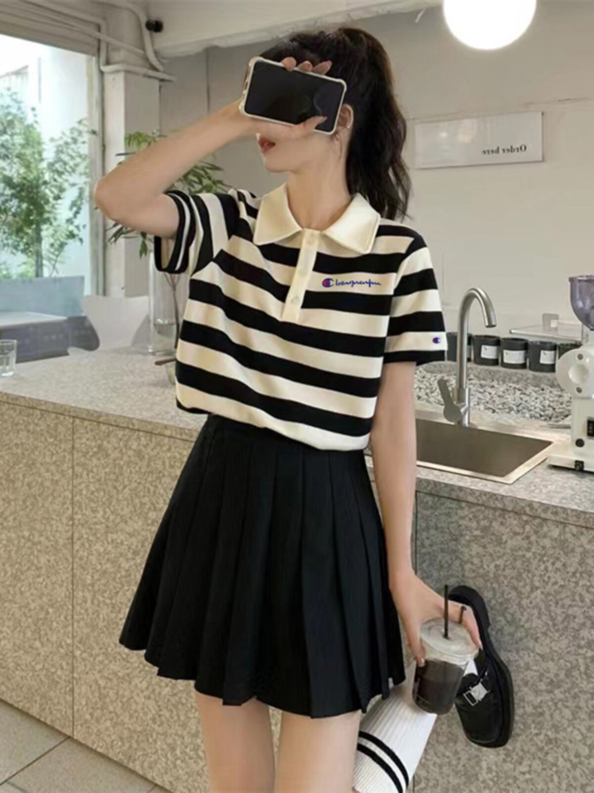 THIS CHAMPION AUTHENTIC SUMMER POLO SHIRT WOMENS NEW LOOSE AND THIN STUDENT STRIPED SHORT SLEEVE T-SHIRT TRENDY COLLAR