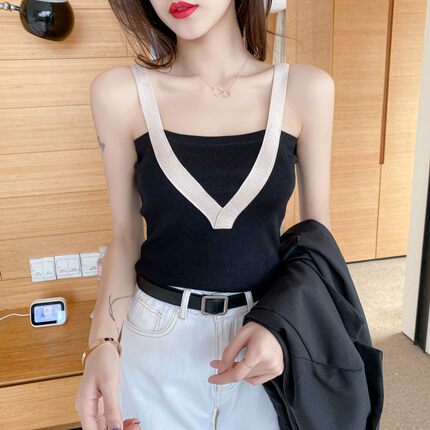 小吊带背心女夏性感外穿西装内搭拼色设计针织打底衫无袖上衣薄款