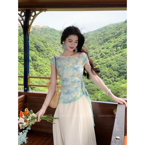 凌茜恣禾 青岚'蓝色晕染露肩t恤女夏季蕾丝针织斜肩修身短袖上衣