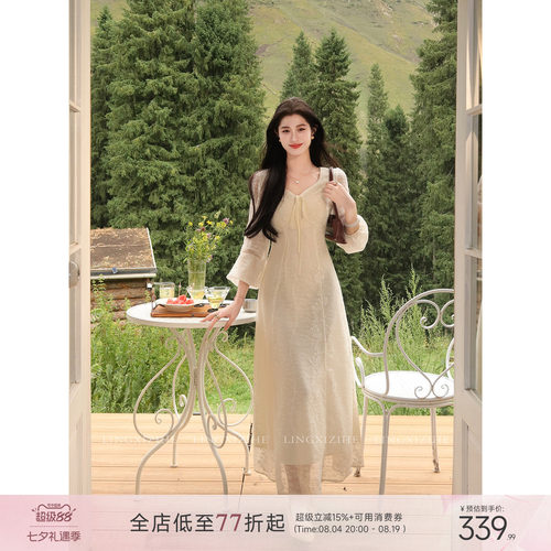 凌茜恣禾 栀花野序'法式蔓枝绣话蕾丝拼接连衣裙女早秋长袖长裙