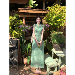凌茜恣禾 碧云'新中式绿色晕染针织改良旗袍女夏植绒鱼尾连衣裙