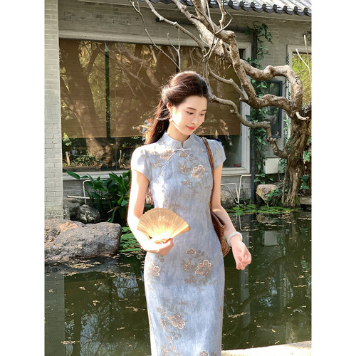 凌茜恣禾 蓝棠'新中式棉麻印花改良旗袍女春夏短袖收腰日常连衣裙