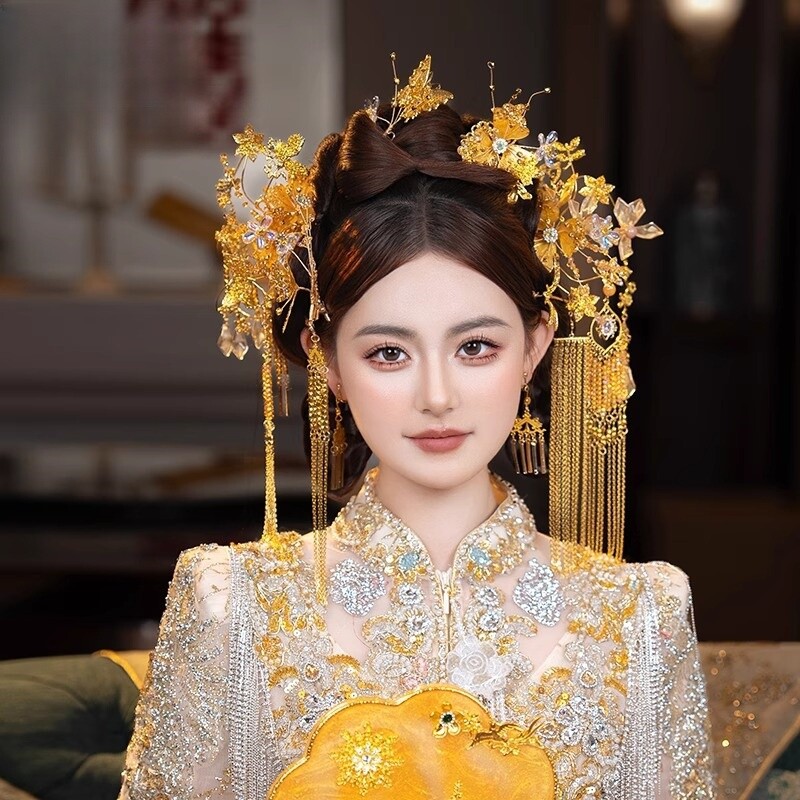 FH新款中式婚礼手工造液花簪子龙凤褂头饰复古新娘传统汉服发饰品