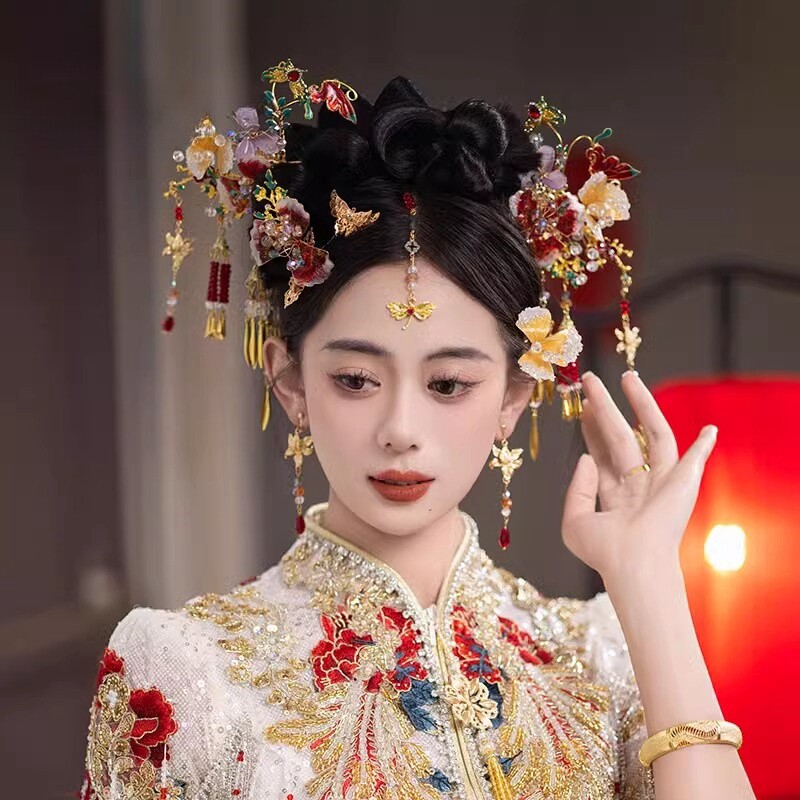 FH新款复古婚礼手工造液花凤钗汉服发饰中式传统新娘龙凤褂头饰品