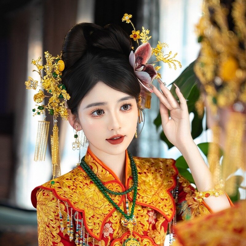 新品中式复古宫廷龙凤褂汉服凤钗头饰新娘传统手工古装富贵发饰