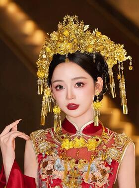 金色中式新娘秀禾服头饰古风汉服龙凤褂结婚凤冠霞帔古装婚礼发饰