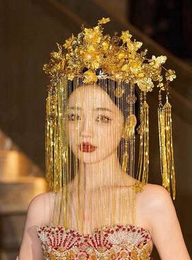 金色中式新娘秀禾服头饰古风汉服龙凤褂结婚凤冠霞帔古装婚礼发饰