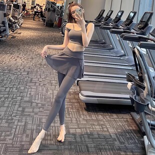 鲨鱼裤假两件运动裤女大码瑜伽裤遮挡裙外穿健身服女跑步裤瑜伽服