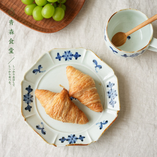 〈青森食堂〉日本制有田烧陶房青古染花卉陶瓷宽口汤杯八角盘皿碟