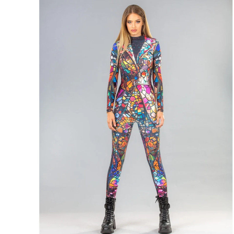 跨境热卖西装骨架图案3D印花连体紧身衣舞台表演服弹力Zentai