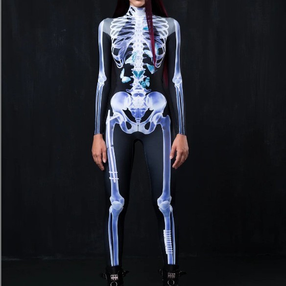 跨境热卖款骨架3D印花连体紧身衣万圣节舞台表演服弹力Zentai