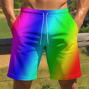 热卖 五分沙滩裤 款 男生休闲时尚 渐变彩虹图案3d印花短裤 夏季
