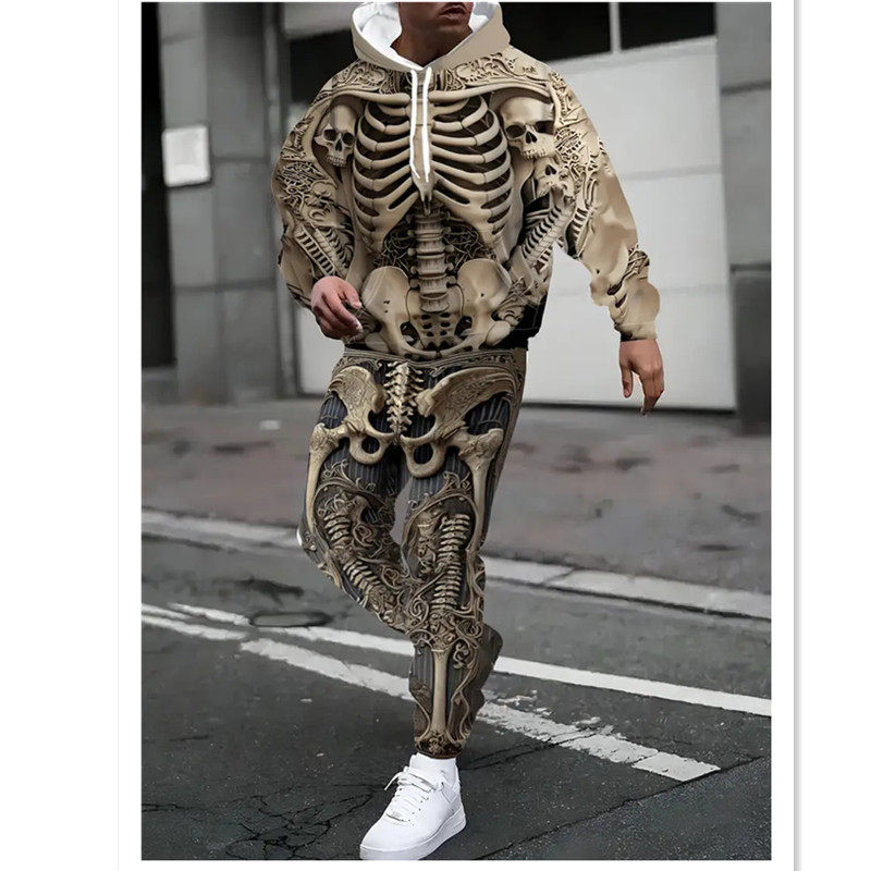 2025春秋热卖款骷髅骨架3d印花套装男生潮流时尚套头连帽衫