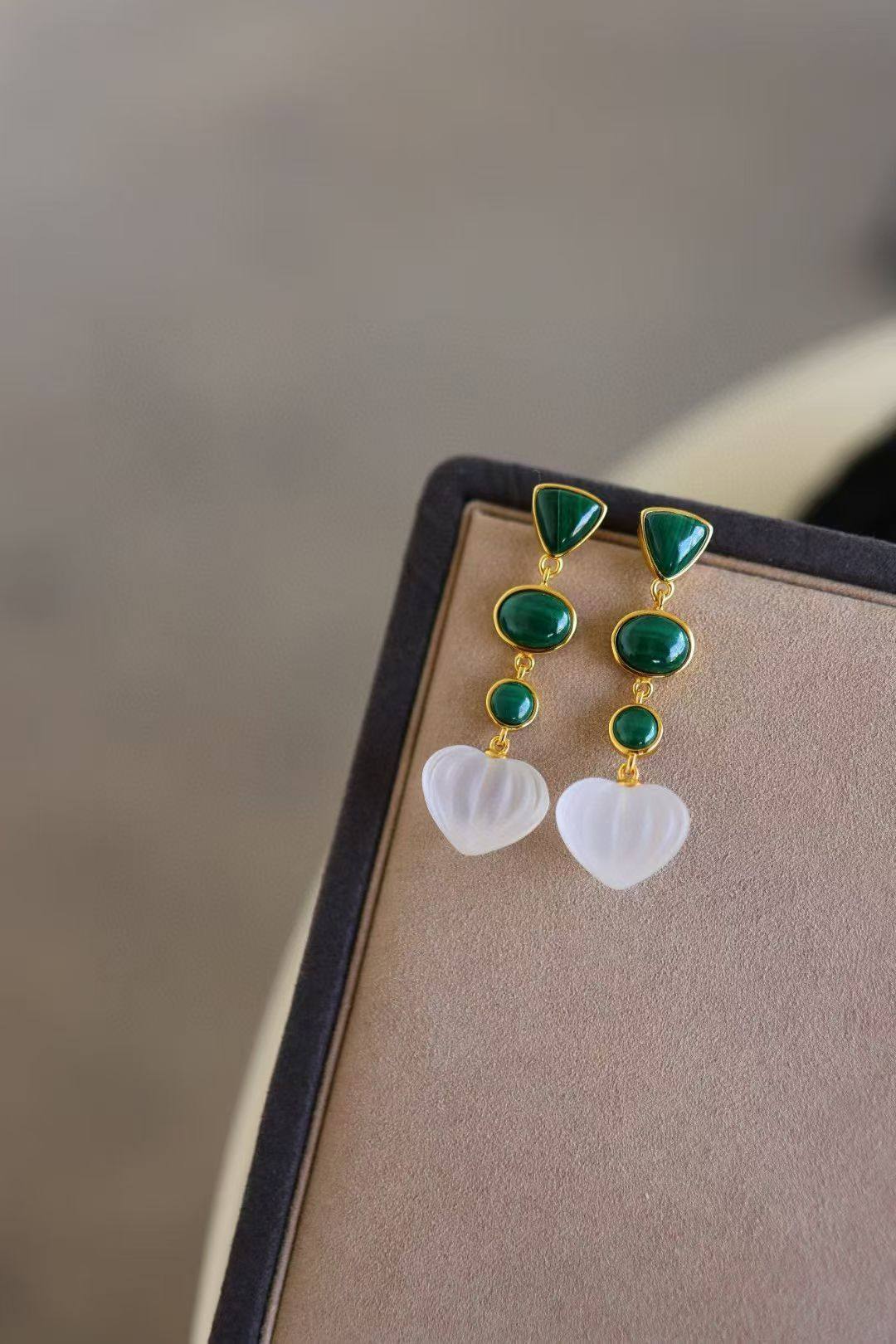 新中式爆款高级感天然孔雀石白水晶耳环爱心形  s925银镀金镶嵌,饰品/流行首饰/时尚饰品新,耳环,淘宝优惠券,粉丝福利购,淘宝优惠卷