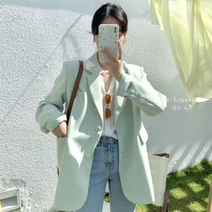 春秋2025韩版气质百搭西装长袖显瘦休闲简约绿色外套上衣宽松女潮