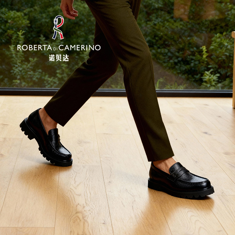 意大利诺贝达男鞋男士商务休闲皮鞋真皮鹿纹厚底套脚西装乐福鞋子
