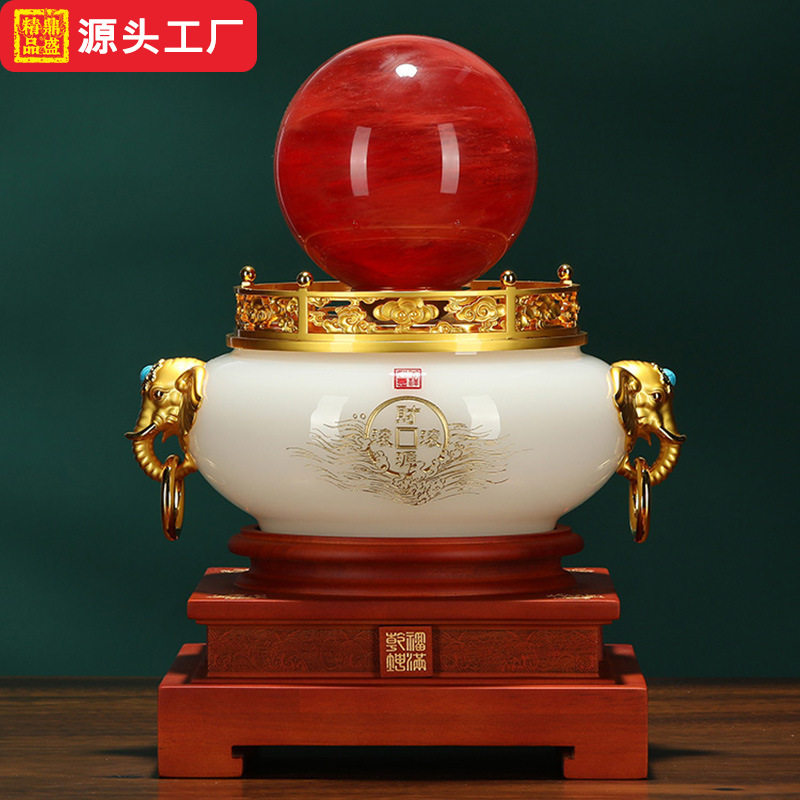 鸿运当头聚宝盆招财摆件中式家居高档装饰公司开业礼品转运水晶球
