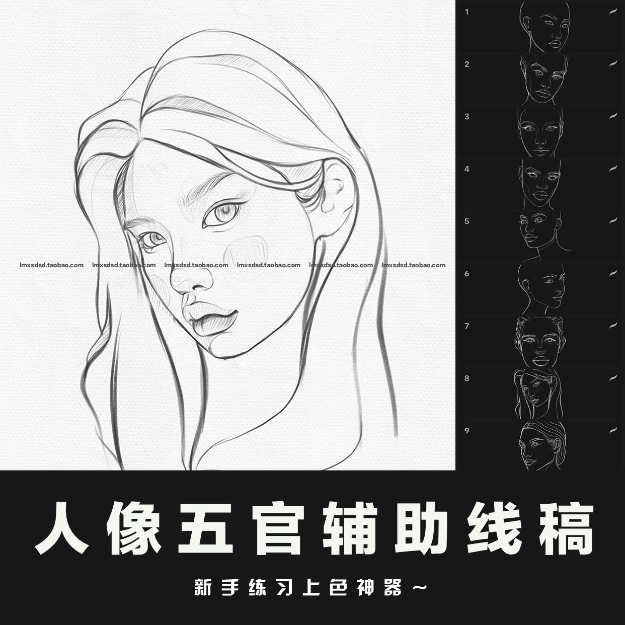 procreate人像五官线稿初学者上色临摹肖像辅助线素描厚涂笔刷